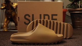 Comfiest Slides HOW TO STYLE Yeezy Slides  Ochre Brown Unboxing and OnFeet wSweatpants [upl. by Gerc]