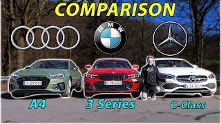 BMW 3 Series 330i vs Mercedes CClass C300 vs Audi A4 45 TFSI comparison REVIEW [upl. by Verneuil]