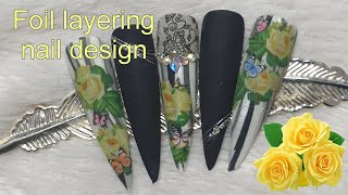 Nail foil layering  floral nails  stripes  crystals  spider gel [upl. by Garlaand]