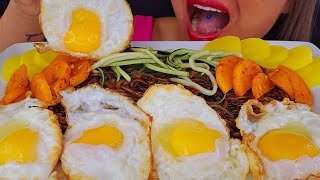 EATING SPICY BLACK BEAN NOODLES JAJANGMYEON RUNNY SUNNYSIDE UP EGGS ASMR MUKBANG MESSY BIG BITES [upl. by Allegra]