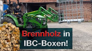 IBC Boxen  Brennholz lagern  trocknen kurze Wege zum Holzvergaser abladen mit John Deere [upl. by Yremrej]