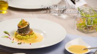 Sea bass fillet rolls on the bed of potatoes with sparkling wine [upl. by Navillus]