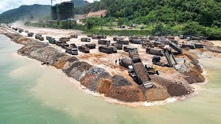 Huge Land Reclamation Process Dump Truck Management Unloading Rock Dirt Bulldozer Pushing Stone [upl. by Eam]