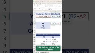 Ms Excel  İki Tarih Arasında Yıl Ay Gün Farkı shorts [upl. by Eissat444]