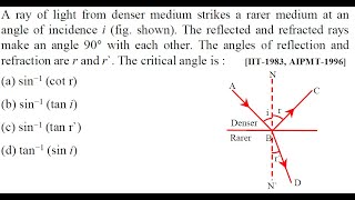 A ray of light from denser medium strikes a rarer medium at an angle of incidence i [upl. by Naitsyrk776]