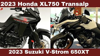 Comparison The 2023 Honda XL750 Transalp Vs 2023 Suzuki VStrom 650XT [upl. by Naugan]