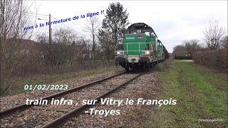 TRAIN INFRA  LIGNE VITRY LE FRANCOISTROYES BB69430 BB69424 02FEVRIER2023 BREVONNES [upl. by Osborne]