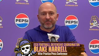 ECU Football Defensive Coordinator Blake Harrell after practice press conference Liberty week [upl. by Rebliw992]