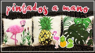 🦩🍍 COJINES decorativos PINTADOS en MANTA ¿Cómo PINTAR MANTA CRUDA [upl. by Greenes]