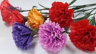 How to make paper Carnation flowers from crepe paper  Easy DIY paper flower tutorial [upl. by Ojahtnamas927]