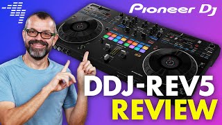 Pioneer DJ DDJREV5 Review  All New Features Demoed Piano Play Auto BPM Transition Stems [upl. by Lebna]