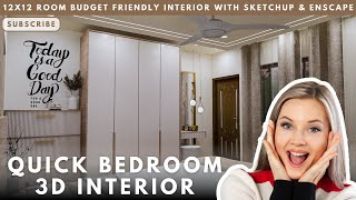 QUICK amp AFFORDABLE 3D BEDROOM INTERIOR DESIGN 12X12 FEET TUTORIAL  SPEED BUILD  SKETCHUP [upl. by Cathi161]