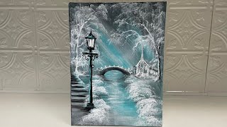 How To Paint MINTY WINTER LANDSCAPE  Lamppost  Church  Bridge amp snow [upl. by Romie]