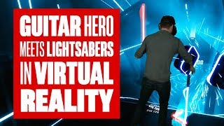 Chris plays Beat Saber  Guitar Hero  Lightsabers in VR [upl. by Yenalem]