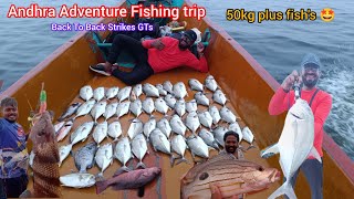 Andhra Adventure Fishing trip 🥵 Back to Back Strikes GTs MJ finger mark etc fishing fishingtips [upl. by Eniagrom]