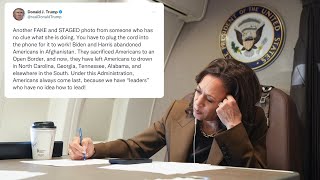 Trump clowns Kamala for quotFAKE amp STAGEDquot photo on X [upl. by Locin]