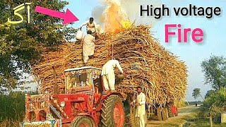 High voltage  live Sugarcane caught fire for trailer hit 11KV Voltage line and rescue by people [upl. by Voltmer]