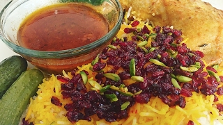 HOW TO MAKE Zereshk Polo Ba Morgh  Rice with Barberries and Chicken [upl. by Yetnom]