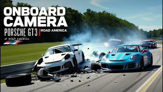 Crash at Road America Porsche GT3 Carnage 💥🏁 [upl. by Nnahgiel]