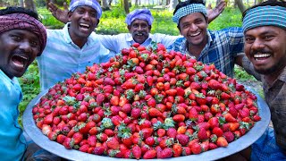 1000 STRAWBERRY  Rava Kesari Recipe using Strawberry Jam  Strawberry Recipe Cooking in Village [upl. by Aisital]