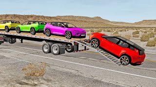 Double Flatbed Trailer Truck vs Speedbumps Train vs Cars  Tractor vs Train BeamngDrive [upl. by Enom]