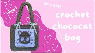 ♡crochet chococat tote bag♡ MINIMAL SEWING [upl. by Nnylyt]