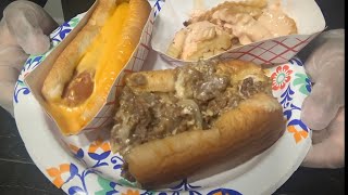 ASMR PHILLY CHEESESTEAK authentic CHEESE HOT DOG CHEESE FRIES HOAGIES AND HOPS [upl. by Yrol]