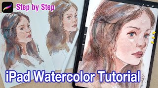 Procreate Watercolor Tutorial with iPad  How to paint a Face Portraits  Step by step [upl. by Ahsir]