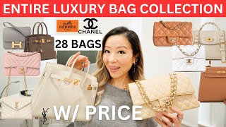 MY ENTIRE LUXURY HANDBAG COLLECTION w price  Chanel Hermes Saint Laurent Chloe Mulberry etc [upl. by Cirdet]