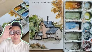 How to quickly draw a country house and trees pen drawing line draft then watercolor coloring [upl. by Ayiotal]