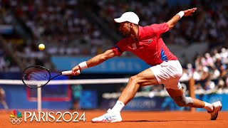 Novak Djokovic glides to drop shot as final against Carlos Alcaraz heats up  Paris Olympics [upl. by Nnaarat]