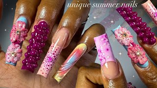 Unique Summer Nails🍇🌸☀️ long acrylic application  extra nail art✨ [upl. by Eniamaj]