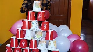 cup game competition  balloon game video Balloon Pyramid  Balloon Cup StackingMinute to Win It [upl. by Ardnahcal845]