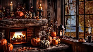 FALL COZY FIREPLACE AMBIENCEAUTUMN FALLING LEAVESCRACKLING FIREPLACEPUMPKINSFLICKERING CANDLES [upl. by Smitty]