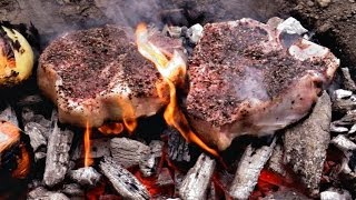 Caveman Steak Recipe  Cooked directly on the coals [upl. by Jud]