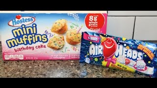 Hostess Mini Muffins Birthday Cake amp AirHeads Birthday Cake amp White Mystery Flavor Review [upl. by Timothea]