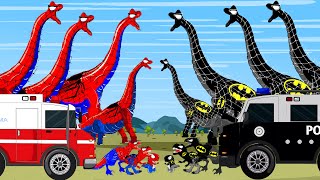 ALL SPIDERMAN TREX VS BRONTOSAURUS AMBULANCE CAR POLICE Jurassic World Dinosaur Disappeared [upl. by Akisej]