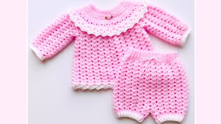 TEJI Suéter Jersey y braguitas para bebes HERMOSO PATRON DE CROCHET PASO A PASO AJUAR CON GANCHILLO [upl. by Eelyme]