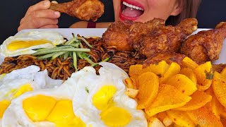 BLACK BEAN NOODLES JAJANGMYEON BONCHON FRIED CHICKEN DOUBLE YOKE EGGS ASMR MUKBANG OMAD [upl. by Ecnatsnoc]