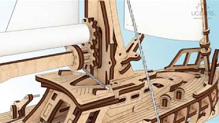 Assembly of Ugears Trimaran Merihobus  Lacing mainsail Part 6 Page 35 Picture 15 [upl. by Ydnam]