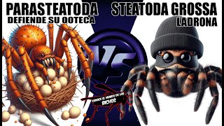 PARASTEATODA DEFIENDE SU OOTECA VS STEATODA GROSSA LADRONA [upl. by Llerej338]