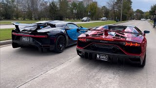 Bugatti Chiron Pur Sport races Lamborghini Aventador SVJ Roadster [upl. by Aitekram]