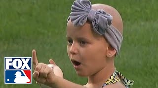 Mike Aviles daughter throws out first pitch while recovering from Leukemia [upl. by Cordeelia498]