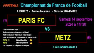 PARIS FC  METZ  4ème journée de Ligue 2  Stats infos pronos  Football saison 20242025 [upl. by Atiuqihc]