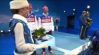 Mens 20km crosscountry skiing visually impared Victory Ceremony  Sochi 2014 Paralympics [upl. by Ylekalb875]