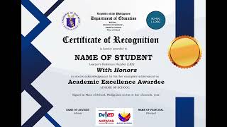 DepEd CERTIFICATE OF RECOGNITIONMATATAG FORMAT [upl. by Forsyth]