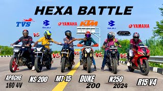 pulsar n250 vs Duke 200 vs Yamaha mt15 vs Yzf R15 vs pulsar ns 200 vs apache 160 4v  hexa battle😱 [upl. by Branch196]