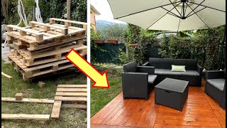 Cómo hacer SUELO de MADERA con PALETS  TARIMA o PISO Estilo Deck Fácil amp Barato [upl. by Aneloaup]