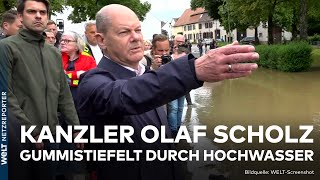 SAARLANDFLUTWELLE Kanzler Olaf Scholz macht sich ein Bild in den HochwasserGebieten  WELT News [upl. by Andreana]