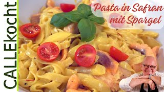 Pasta mit Spargel amp Lachsforelle in Safransoße – Schnelles Rezept [upl. by Henn]